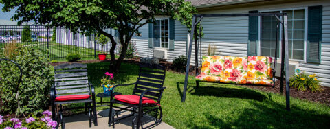 A single entrance courtyard gives residents with dementia the opportunity to be safe outside at Bickford of Burlington