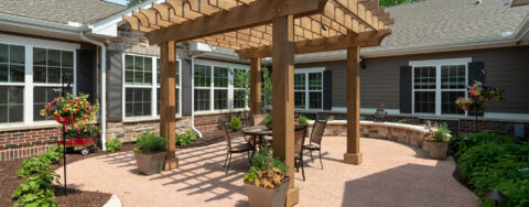 A single entrance courtyard gives residents with dementia the opportunity to be safe outside at Bickford of Chesapeake