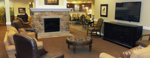 Chairs and sofas sit higher and are easier to get in and out of in the Mary B’s living room at Bickford of Crown Point