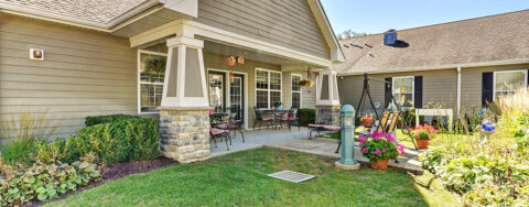 A single entrance courtyard gives residents with dementia the opportunity to be safe outside at Bickford of Crystal Lake