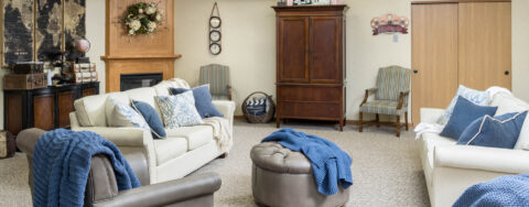 Chairs and sofas sit higher and are easier to get in and out of in the Mary B’s living room at Bickford of Lancaster