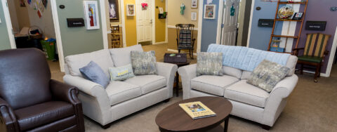 Mary B’s living room provides a smaller, more intimate setting to encourage interaction at Bickford of Oswego