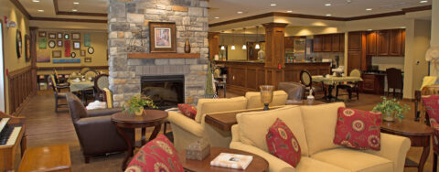 Chairs and sofas sit higher and are easier to get in and out of in the Mary B’s living room at Bickford of Portage