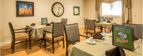 Food is best when shared with friends in the dining room at Bickford of West Lansing